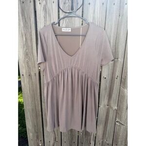 Babydoll Just For You Tunic Womens Medium Taupe V-Neck Short Sleeve Empire Waist